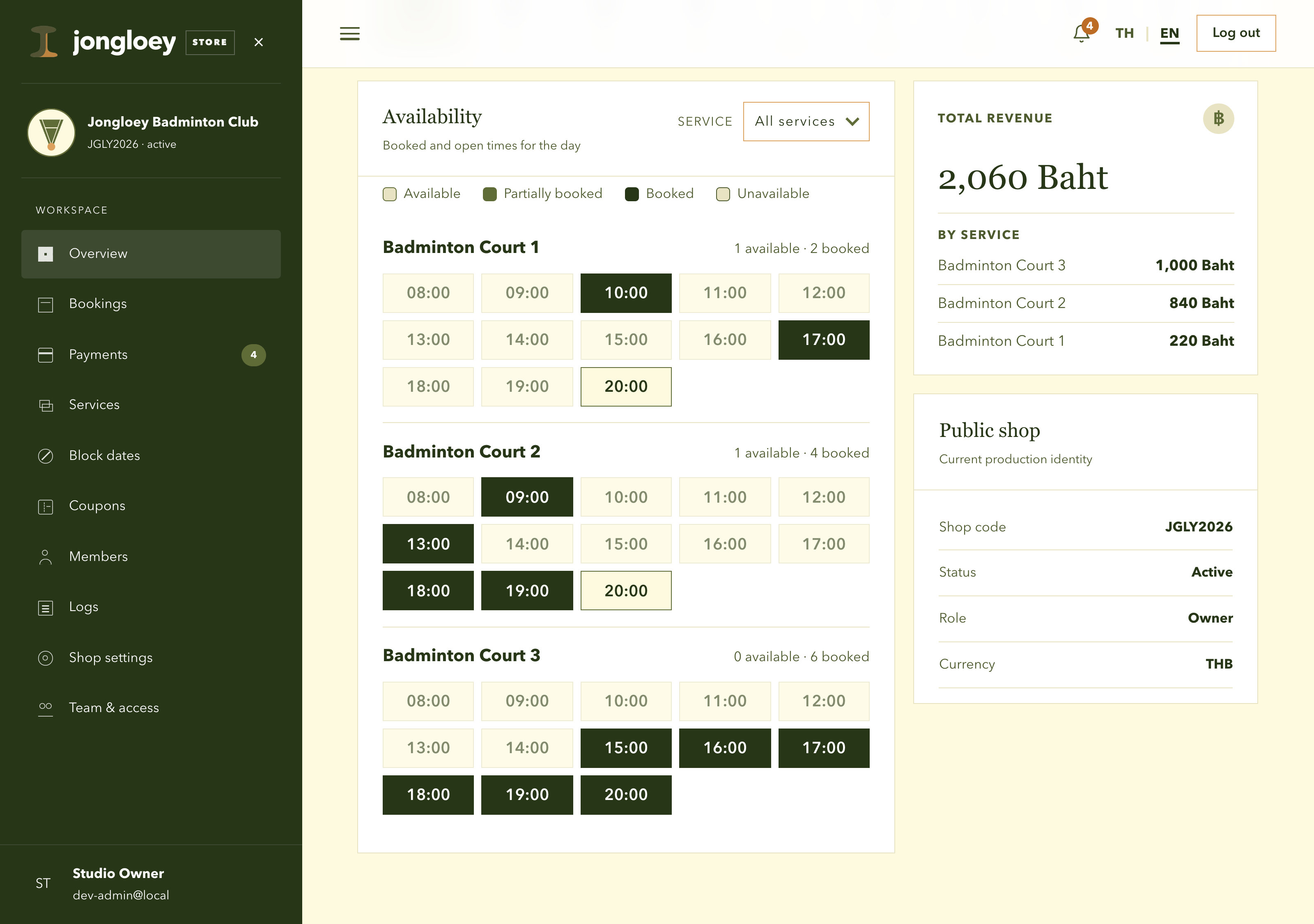The admin overview, showing a date strip, per-service timeslot chips and revenue figures.