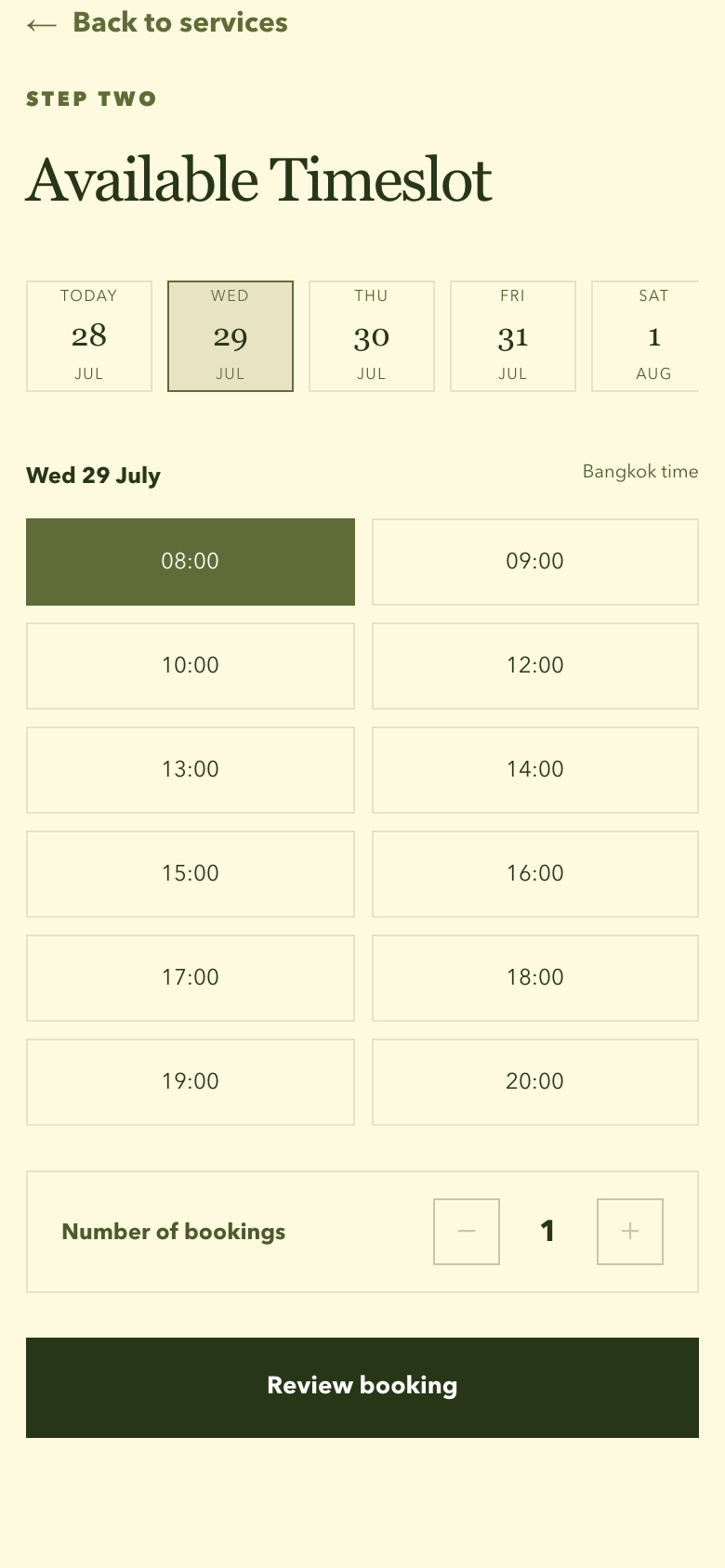 The date-and-time step on a portrait phone screen, showing a strip of dates with one selected, a grid of available times with 08:00 selected, a number-of-bookings stepper and the review booking button.